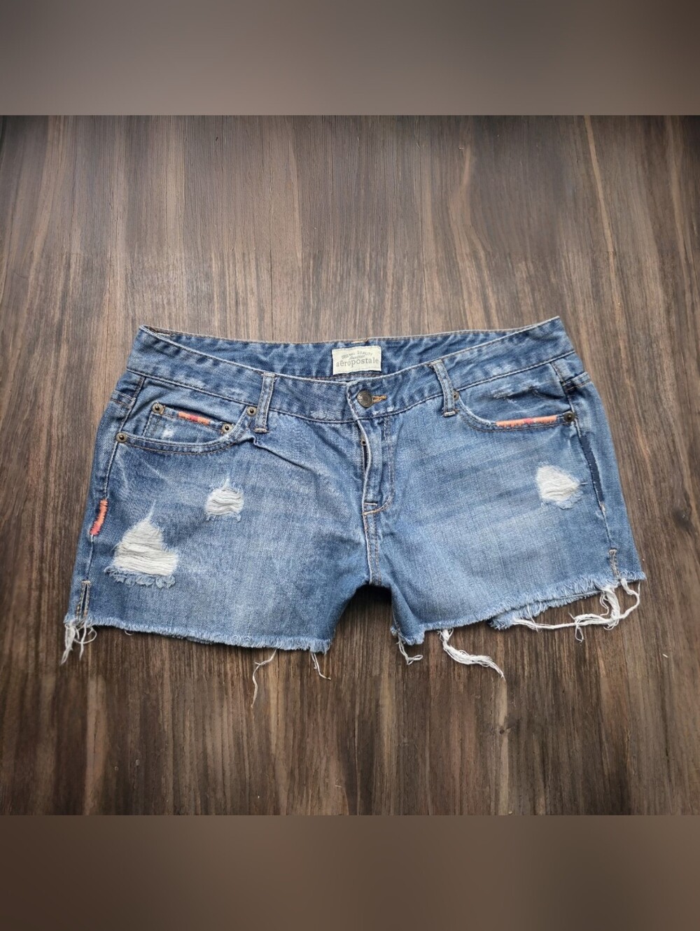 2000s low rise Aeropostale blue denim shorts with  distressed details